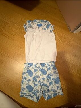 White & Blue Floral Kids Matching Set - Polo Top and Shorts